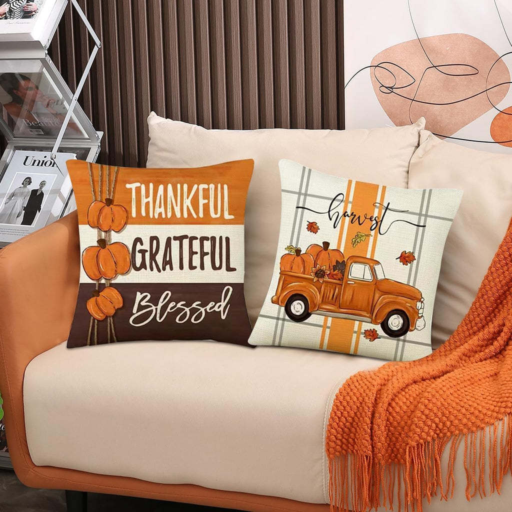 Throw Pillow Covers 20x20 Set of 4 for Fall Decor, Fall Decorations Maple Leaves Pumpkin Farmhouse Autumn Thanksgiving
