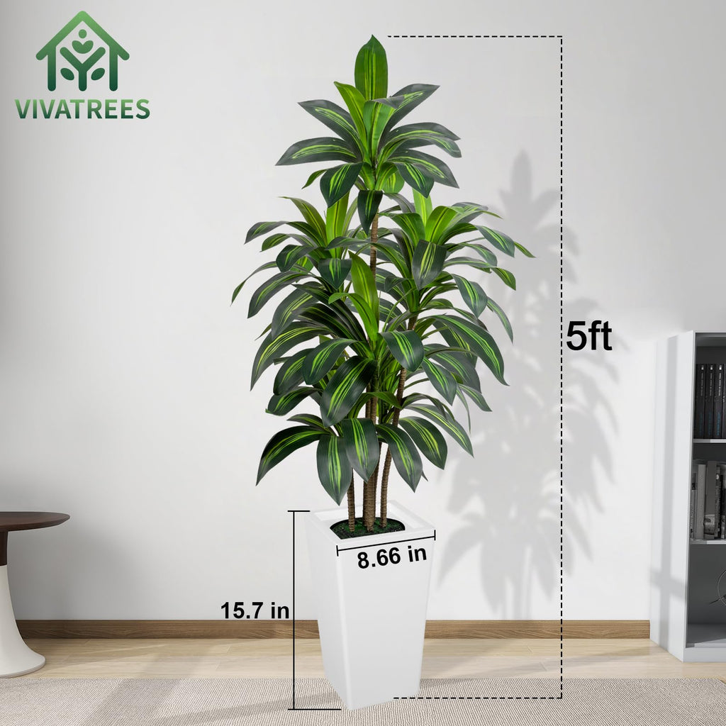 Dracaena Tree 5FT Artificial, 60in Tall Faux Dracaena Tree with 15.7 White Planter, Fake Potted Tree for Indoor &