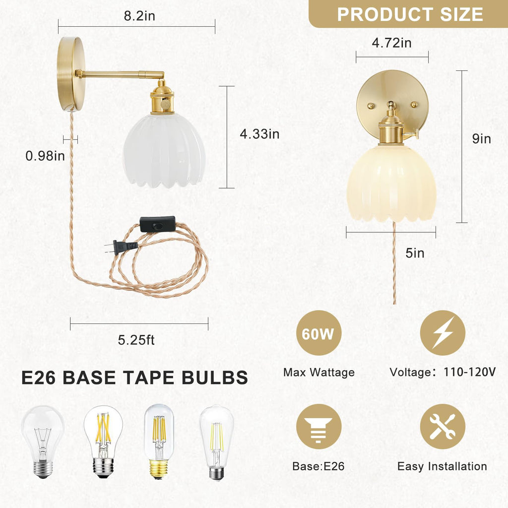 Plug in Wall Sconces Set of 2, Vintage Wall Sconce Light with Tulip Milk White Glass Lampshade, Bedroom Wall Sconce