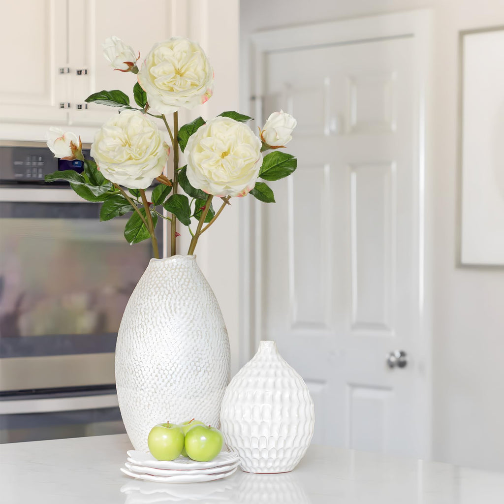 Real Touch Artificial Roses (Set of 3) - 23.6" Long Stem White Garden Roses - Lifelike Faux Silk Flowers for Wedding