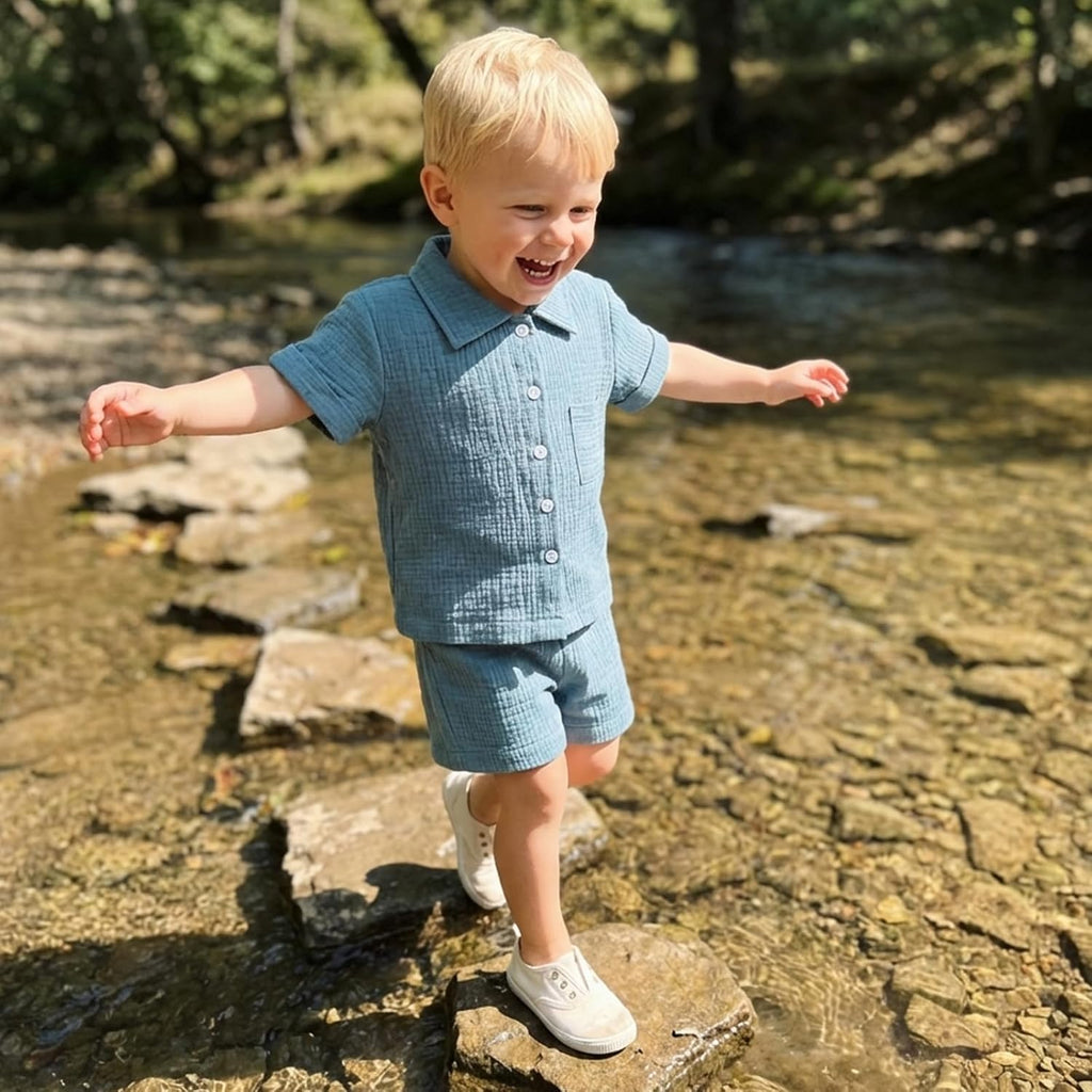 Baby Boy Summer Outfit 2PCS Button Down Shirt Tops + Shorts with Pocket Toddler Infant Triple Cotton Gauze Clothes Set