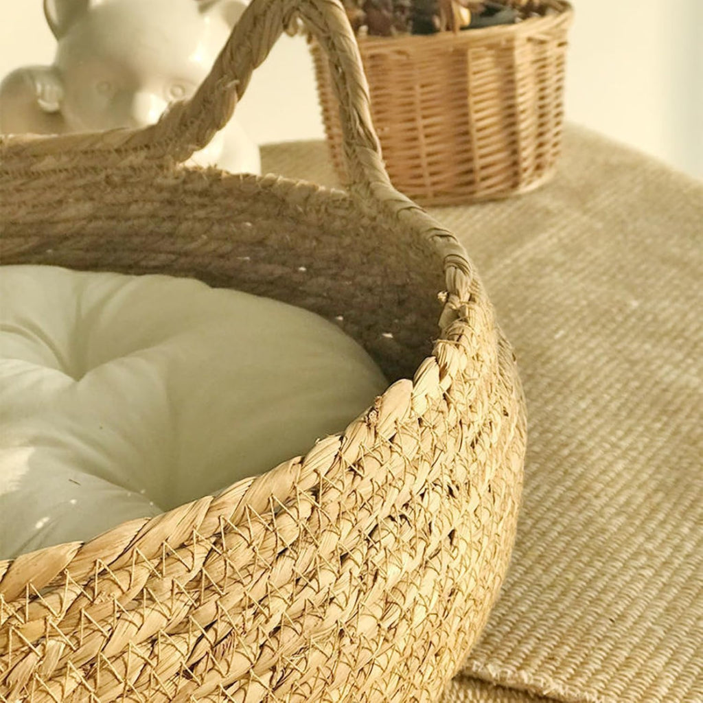 Natural Cat Bed Straw Nest Woven Pet House Braided Cattail Leaf with Soft Cushion 17 x 17 Inches