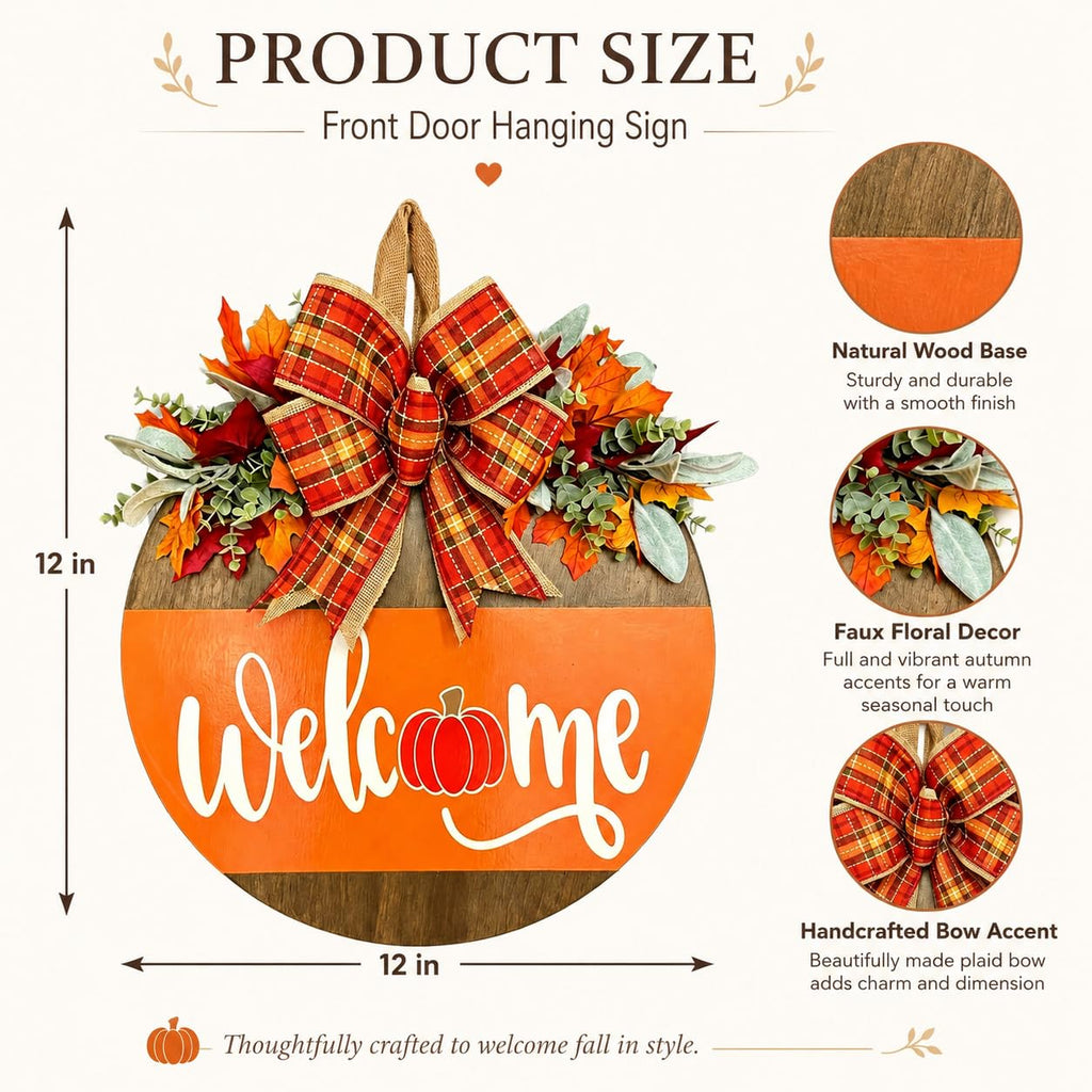Fall Door Sign for Front Door, Wooden Welcome Hanger with Pumpkin Design, Plaid Bow and Autumn Leaves, Porch Entry