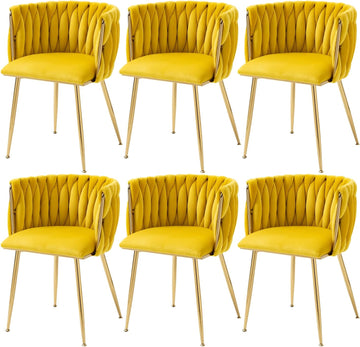 Woven Velvet Dining Chairs Set of 6, Upholstered Accent Chairs with Gold Metal Legs, Modern Dining Room Chairs, Yellow