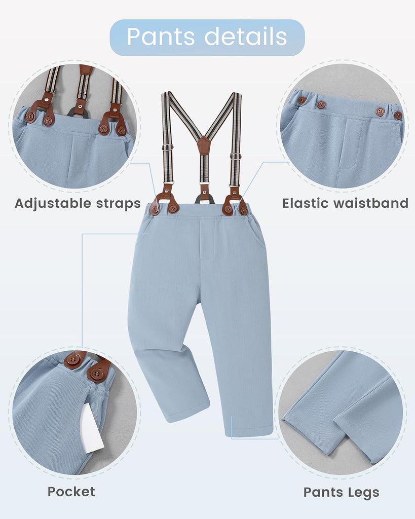 Toddler Boys Semi Formal Outfit 3pcs Sets Short Dress Shirt Suspender Pants Bow Tie