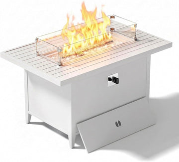 43" Aluminum Propane Fire Pit Table with 55,000 BTU, Rectangle Outdoor Gas Fire Table with Glass Wind Guard, Glass