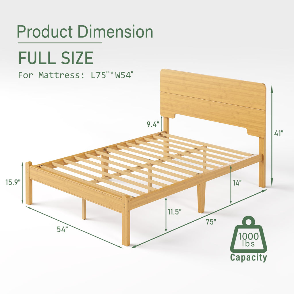 14" Full Size Bamboo Wood Platform Bed Frame with Headboard, Natural