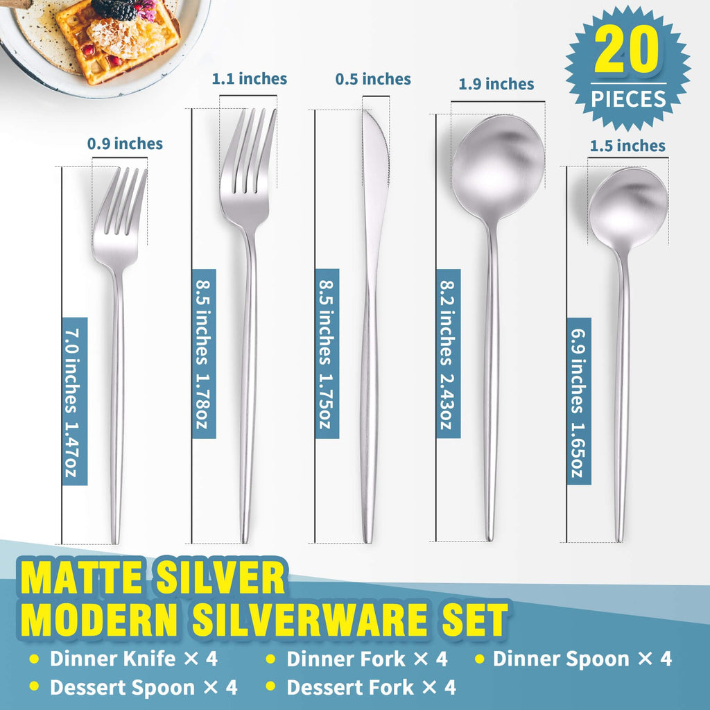 Matte Silverware Set for 4,Modern Stainless Steel Brushed Cutlery Set,20-Pieces Heavy Duty Flatware Set,Knives Spoons