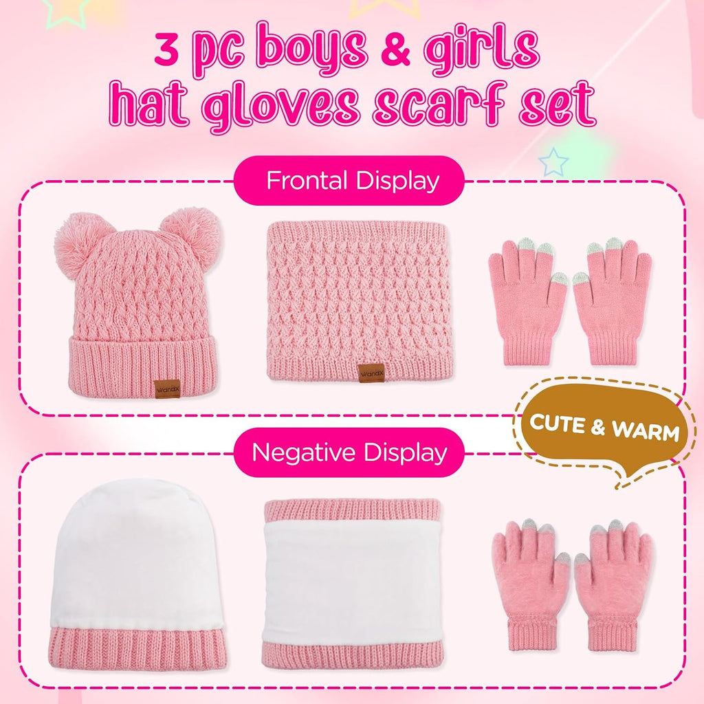 Kids Winter Hat Gloves Scarf Set Fleece Lined Beanie with Pom knitted Neck Warmer for Boys Girls Aged Cold