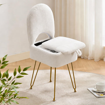 White Vanity Chair with Storage, Folding Back Faux Fur Vanity Stool, Makeup Ottoman with Gold Legs /Bathroom