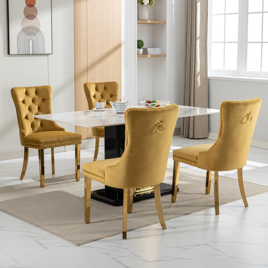 Luxury Upholstered Dining Chairs Set of 2, Yellow Kitchen Chair with Golden Metal Legs, Velvet Tufted Back Dining