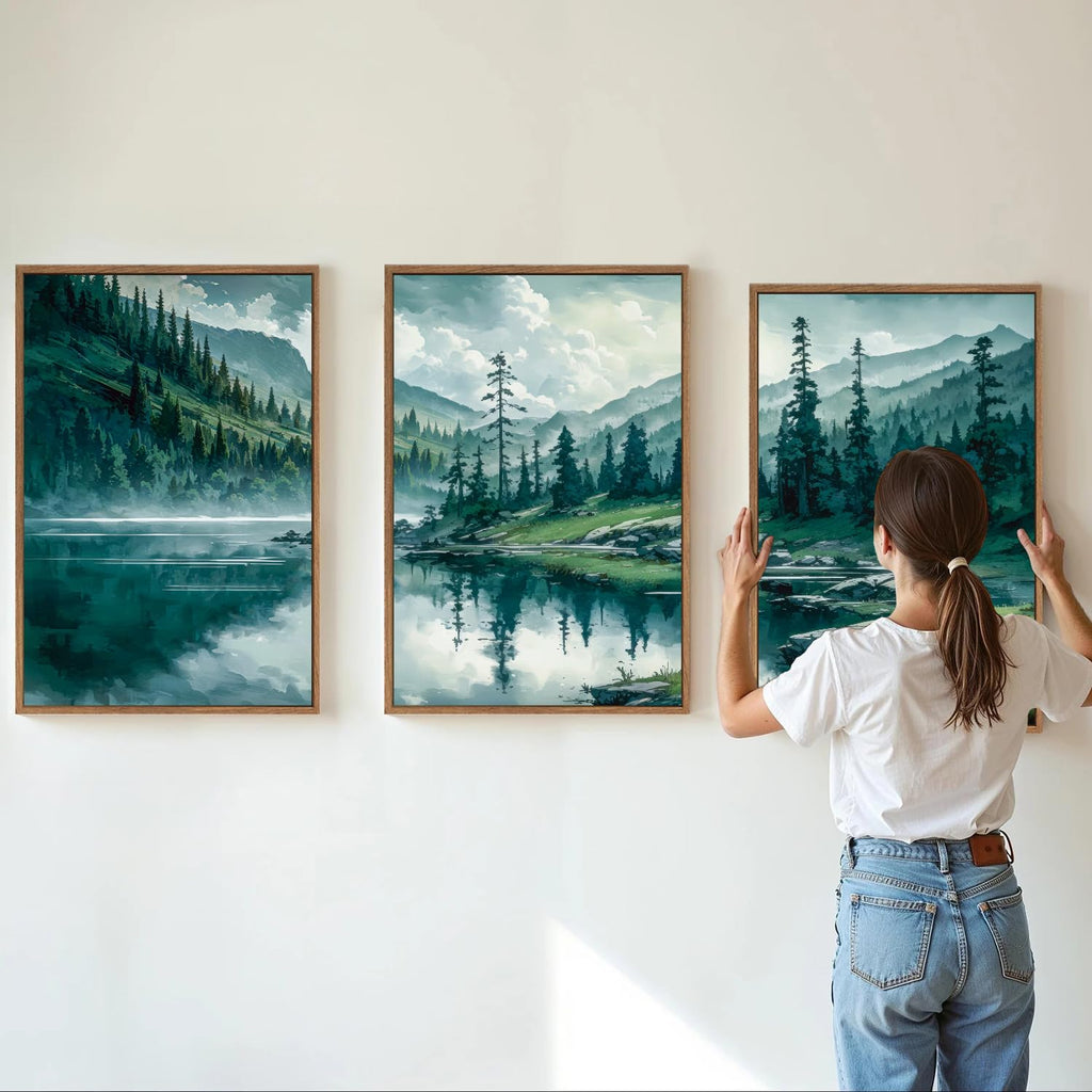 Large Nature Forest Framed Canvas Wall Art Set, Boho Mountains Calming Lake Wall Decor, Green Pine Trees Artwork