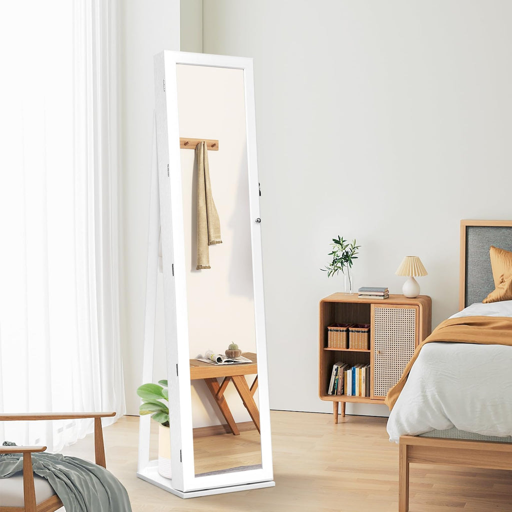 Jewelry Cabinet with Full-length Mirror, Jewelry Storage Organizer with Makeup Mirror, Back Storage Shelf, Lockable