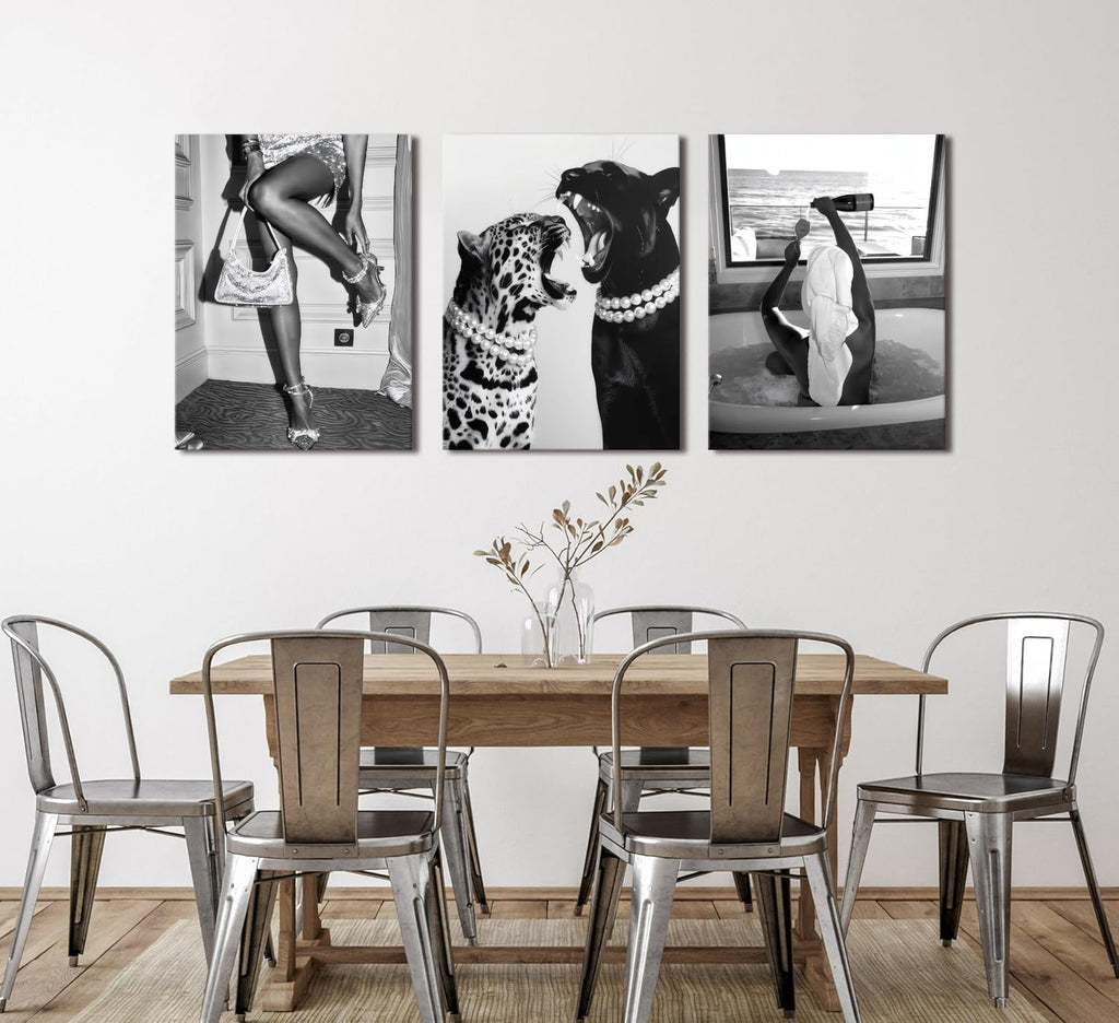 Bathroom Fashion Leopard Print Black and White Canvas Wall Art Trendy Women Posters Paintings Luxury Feminist