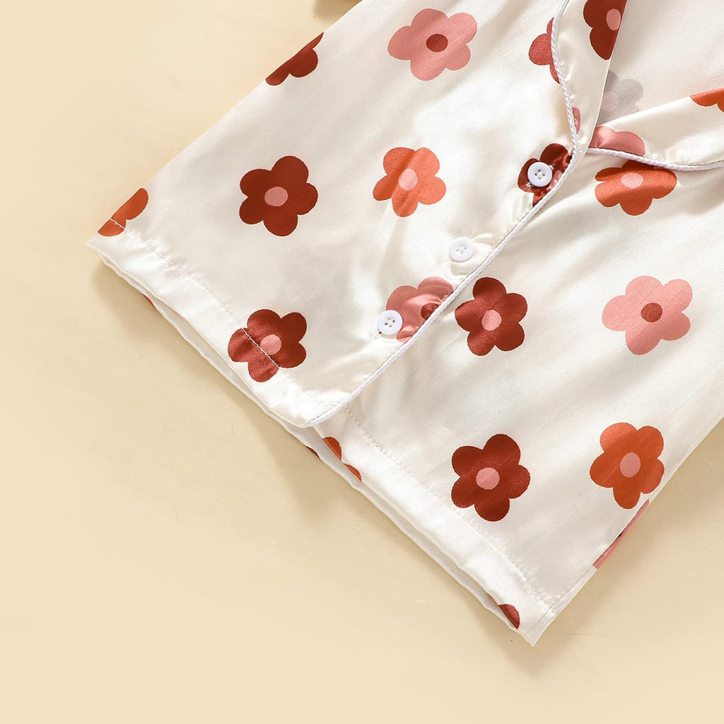 Toddler Girls Floral Silk Pajamas Short Sleeve Button-Up Top Shorts Summer 2PC Flowers Satin Pajamas Set