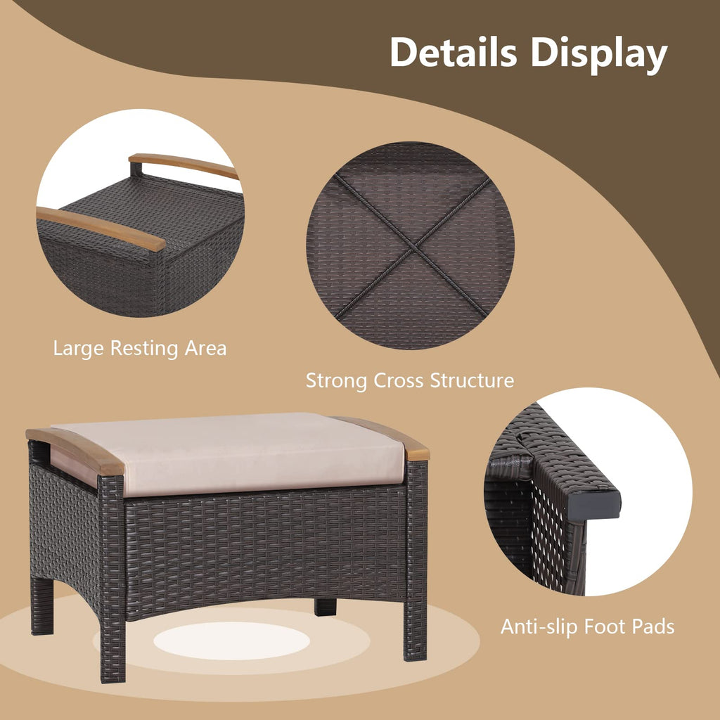 Outdoor Wicker Ottomans - 2 Pieces PE Rattan Ottoman, Footrest Seat with Zippered Cushions, Acacia Wood Handles