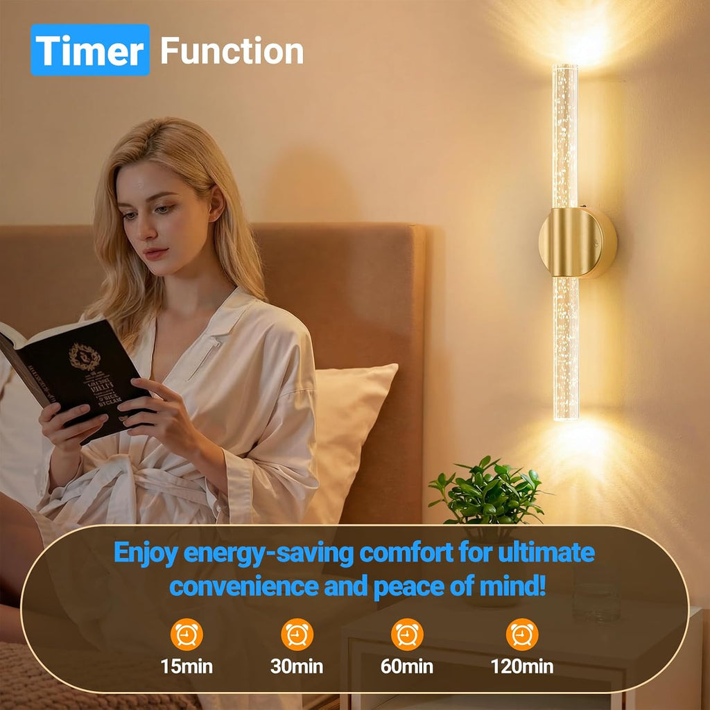 Peel and Stick on Gold Battery Operated Wall Sconces Set of 2, Rechargeable Magnetic Linear Wall Lights for Bedroom