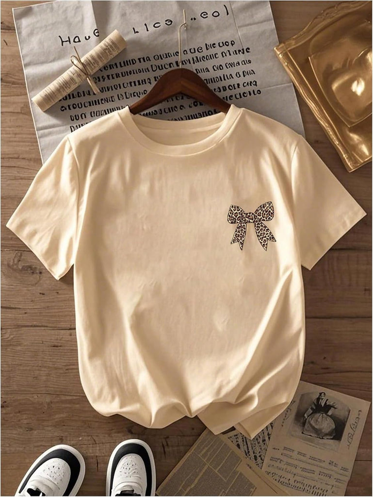 Girl's Leopard Bow Graphic Tees Preppy Baggy T Shirt Summer Tops