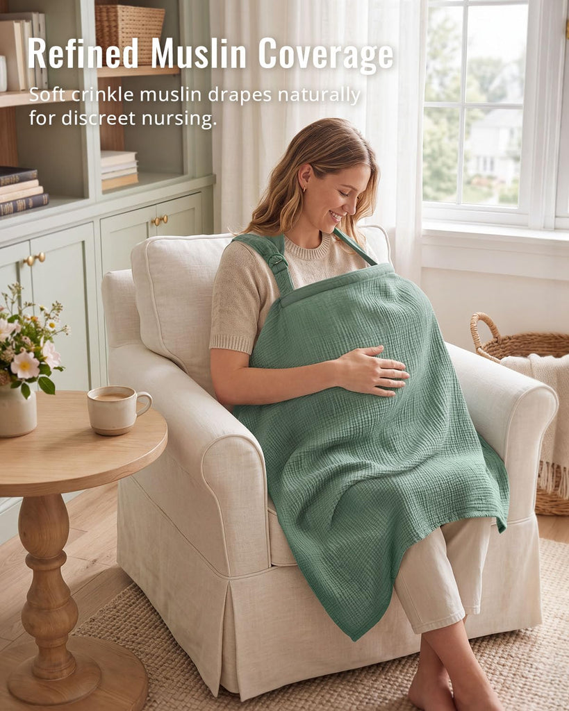 Muslin Nursing Cover for Breastfeeding, Breathable Breastfeeding Cover up with Arch Neckline for Women, Nursing Apron