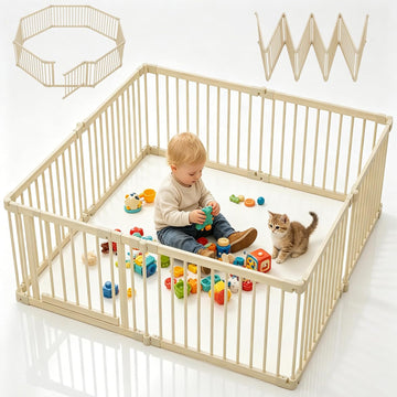 64x64in Foldable Wooden Baby Playpen with Gate, Child Safety Lock, CPC Certified Indoor Play Yard with Suction Cups