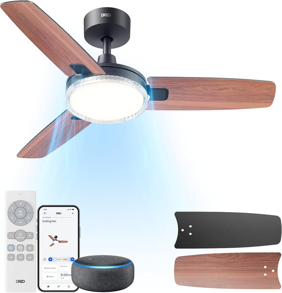 Smart Ceiling Fans with Lights, 42 Inch Black Ceiling Fan, 12 Speeds & 3 Fan Modes, Stepless Color Tones