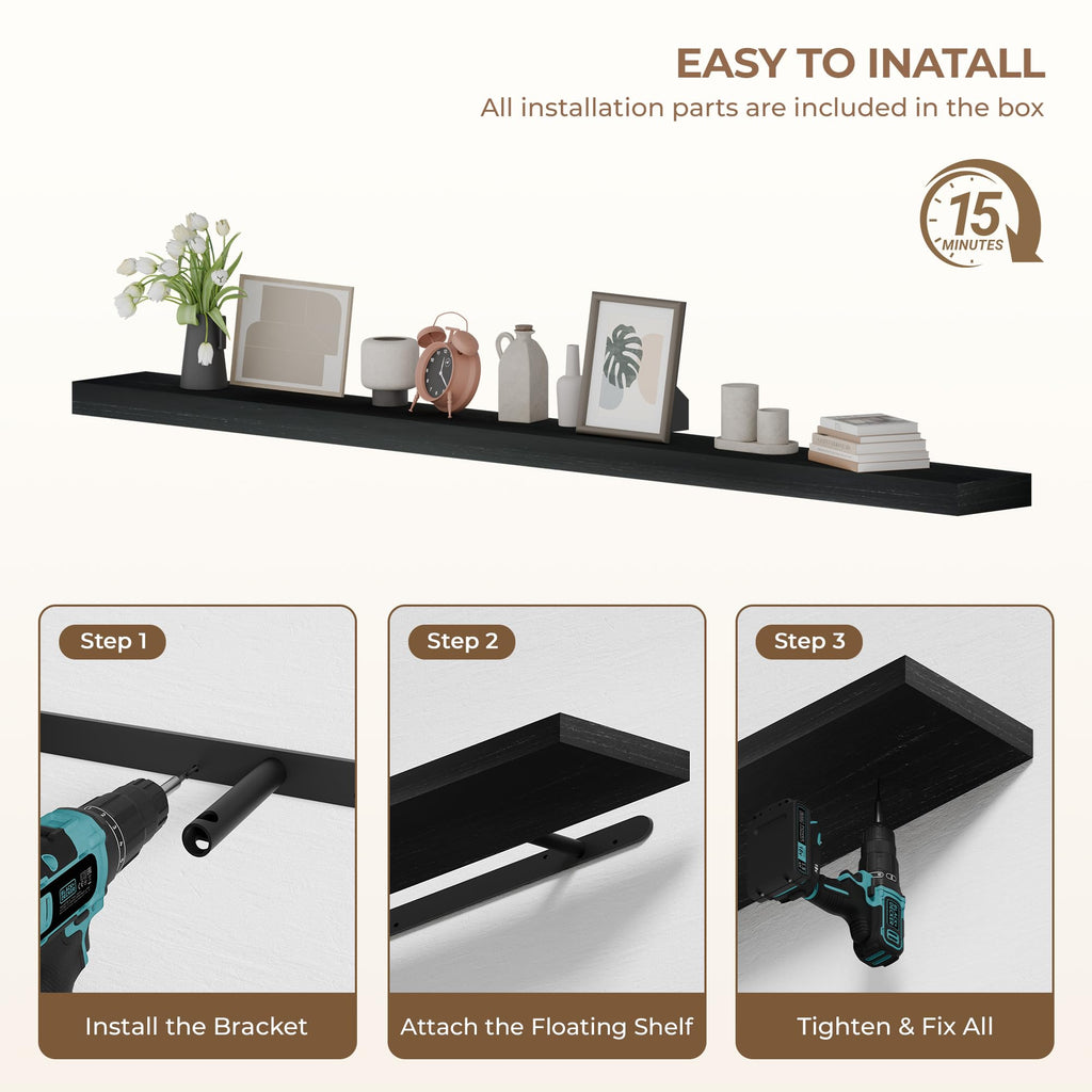 72 inch Long Floating Shelves for Wall, Solid Wood Long Wall Shelves Set of 1, Black Wooden Mounted Shelf, Bookshelf