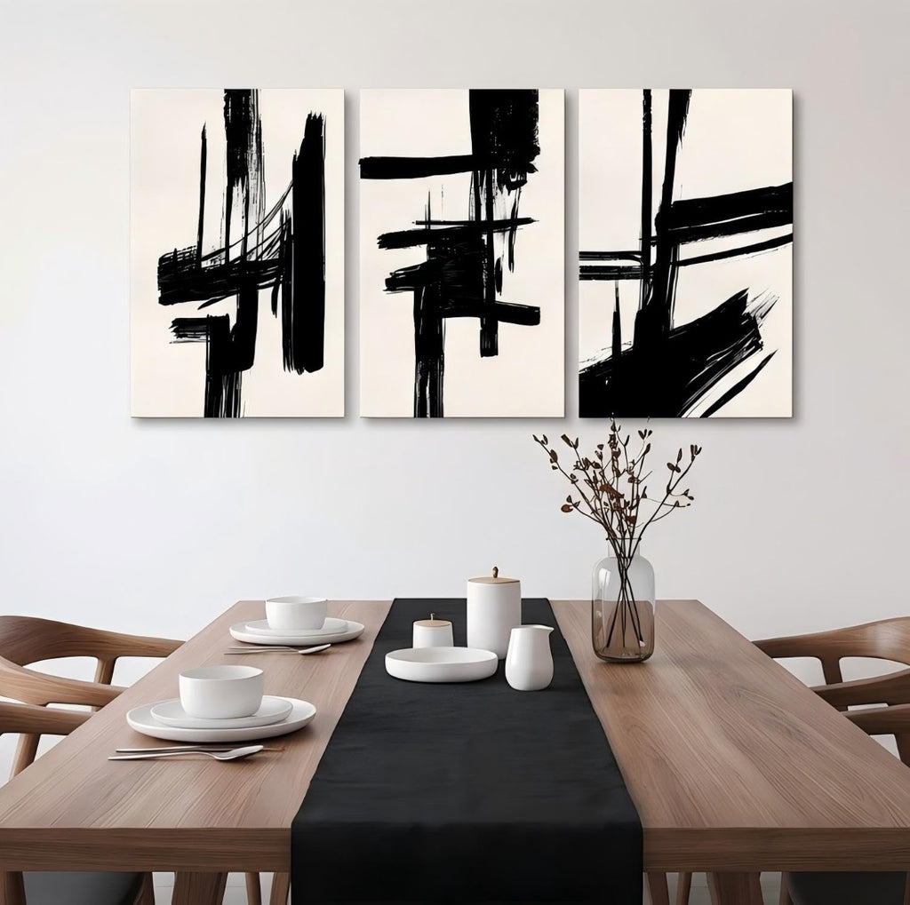 Black and White Abstract Wall Art Set of 3, Modern Minimalist style Canvas