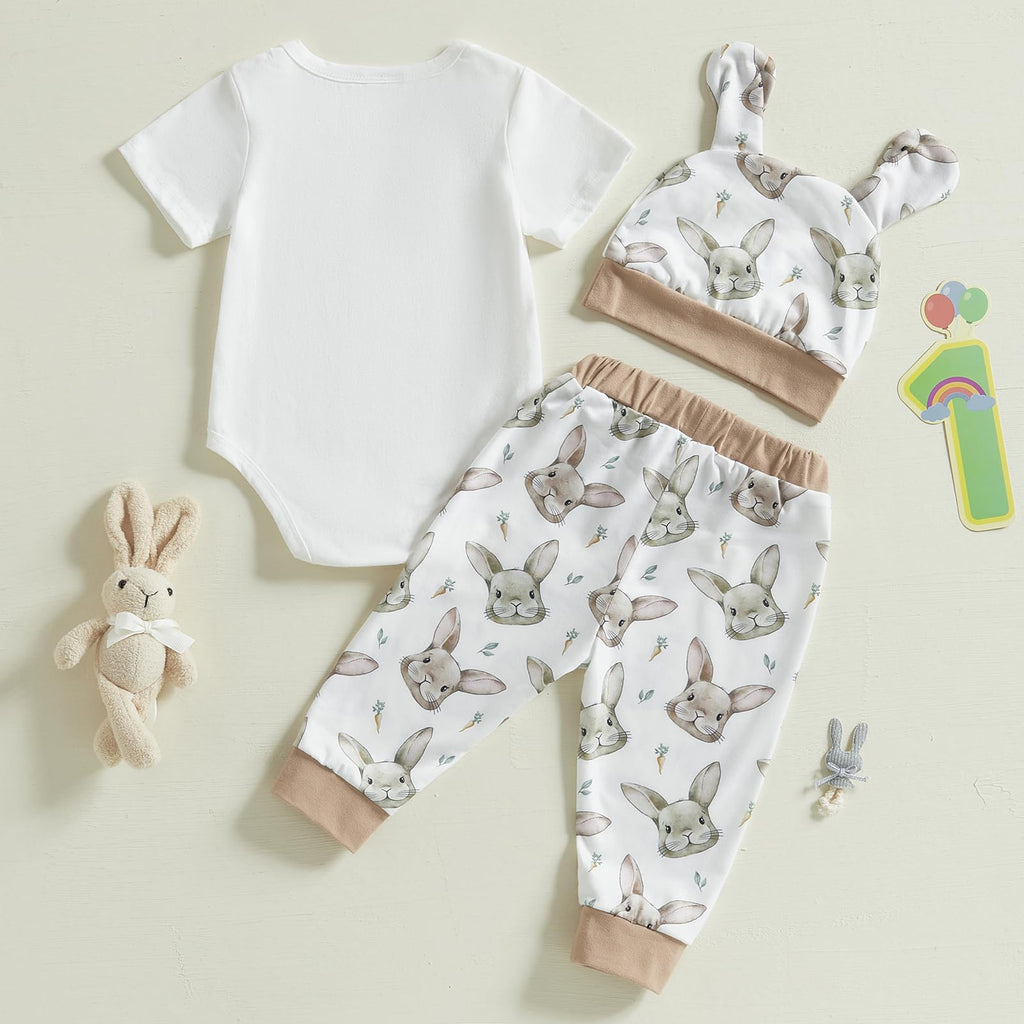 Newborn Baby Boy Girl Easter Day Clothes Set Short Sleeve Rabbit Romper Long Pants Hat My First Easter Outfits