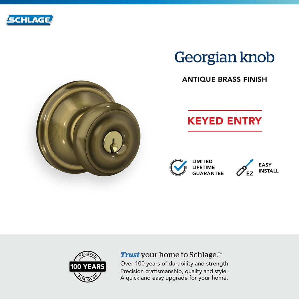Georgian Keyed Entry Door Knob, Interior/Exterior, Antique Brass