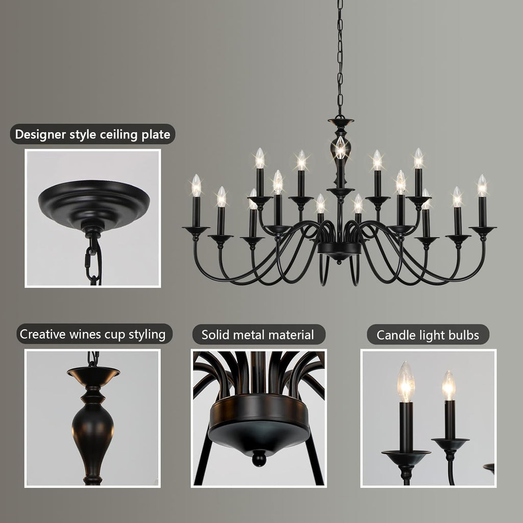 15 Light Black Farmhouse Chandeliers for Dining Room Light Fixtures Over Table, Vintage Candle Large Chandelier for Living Room Foyer Staircase Restaurant Showroom Villa A109-B0DFM6BPLQ