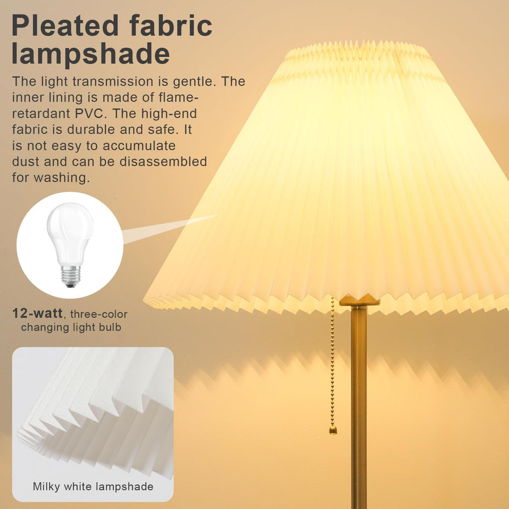 Pleated Lampshade Tall Floor Lamp Corner Bedroom Bedside Office, Brown Pole Lamp, Bright 12W Dimming Reading Light