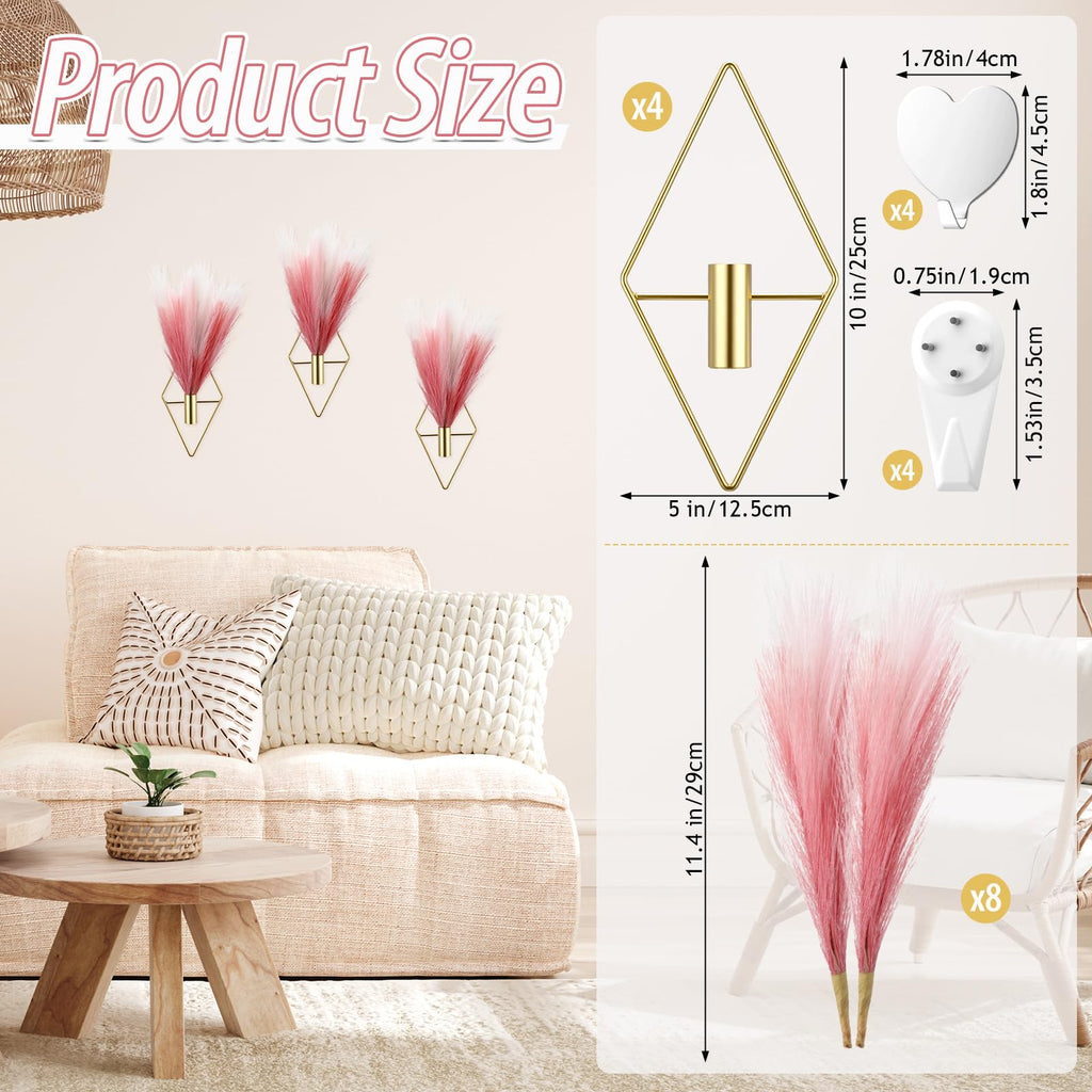 4 Sets Boho Wall Decor Metal Wall Art Hanging Planters with Pampas