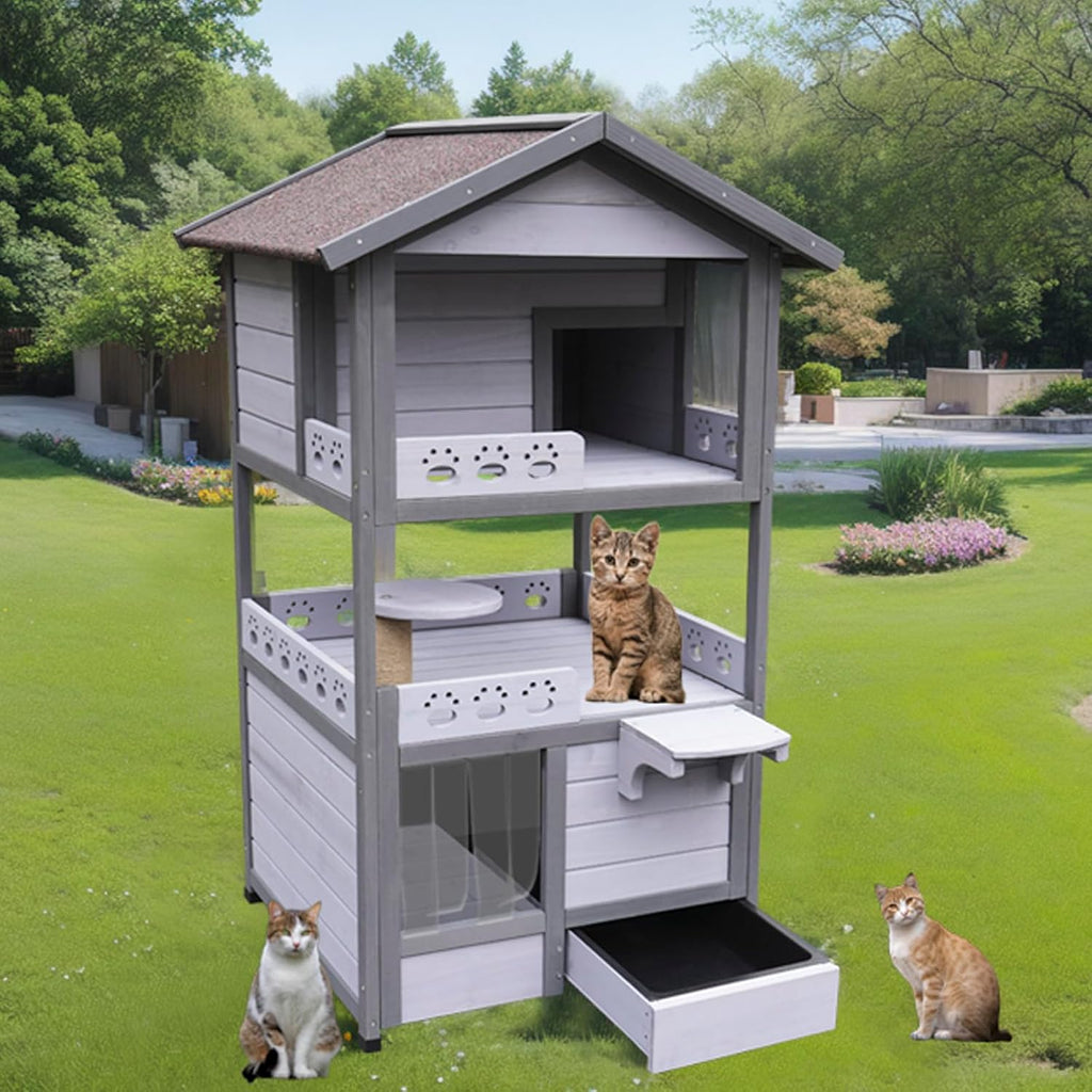 3-Story Wooden Cat House, Indoor/Outdoor Cat Condo with Waterproof Asphalt Roof, PVC Door Curtain, Jumping Platform &