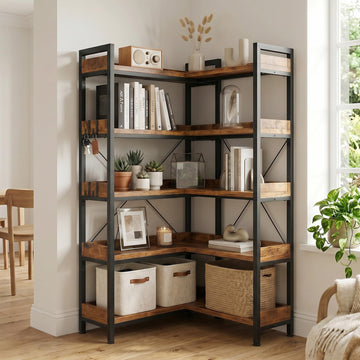 5-Tier Corner Bookshelf, L-Shaped Metal Frame Shelf with Tall 14" Shelves, Plant Stand and Storage Rack for Small