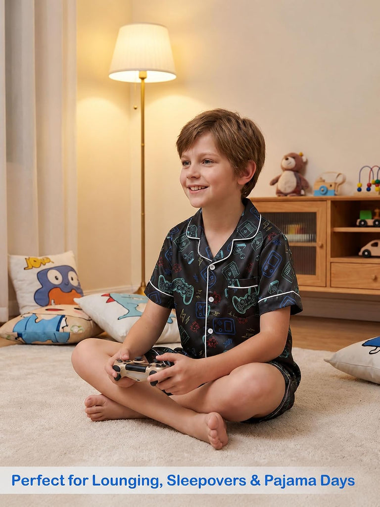Boys Satin Pajamas Set, Silky Summer Pjs for Kids, 2 Pieces