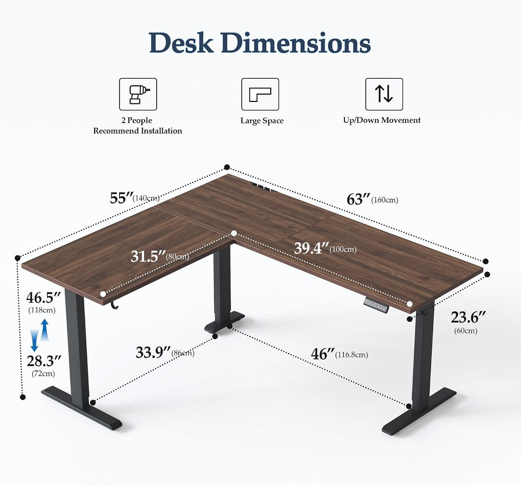 L Shaped Standing Desk 63 x 55 Inch, Electric Height Adjustable Corner Desk Workstation, Ergonomic Sit Stand Computer