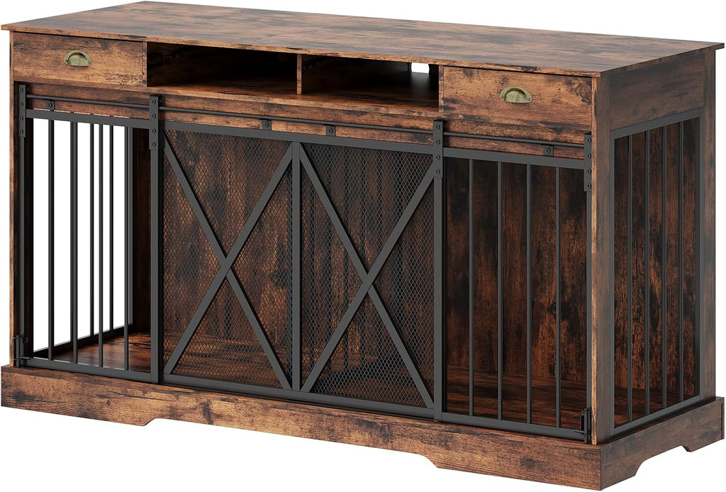 Dog Crate Furniture with Removable Divider, 3-in-1 Wooden Dog Kennel Furniture for 2 Dogs with Sliding Barn Door