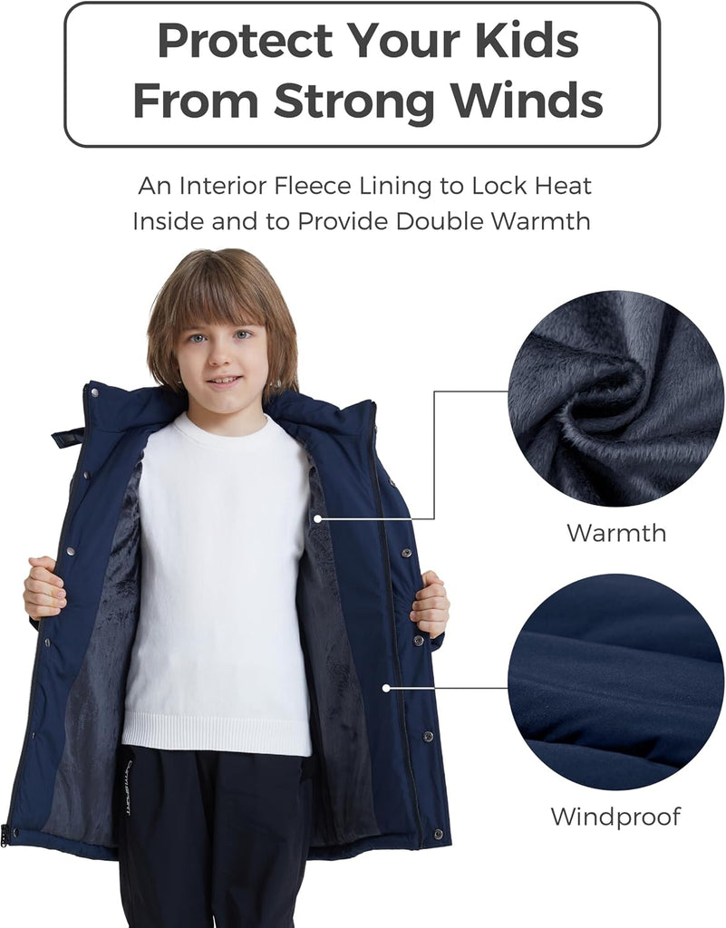 Boys' Long Winter Coat Waterproof Puffer Jacket with Removable Hood