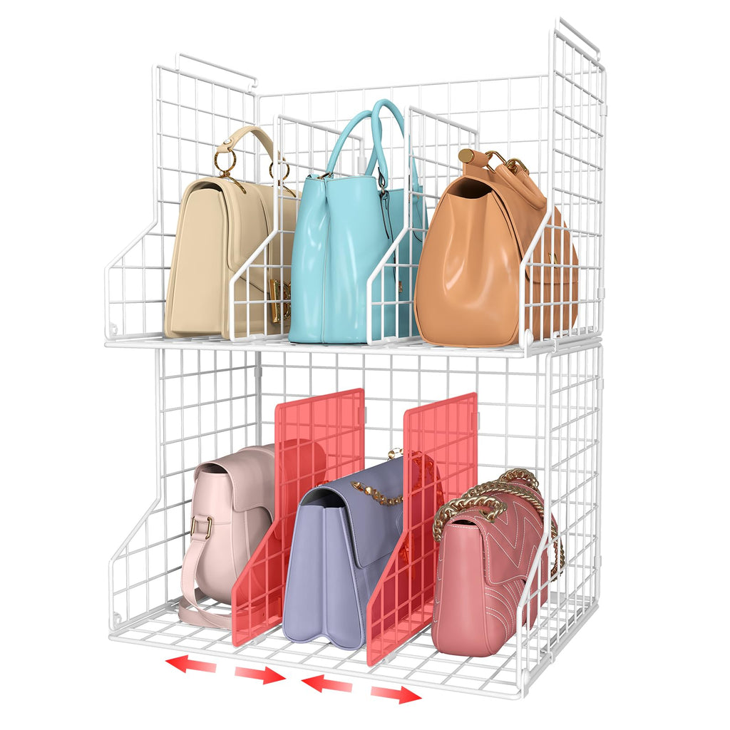Purse Organizer for Closet:Adjustable 2-Pack Dividers Purse Organizer-Stackable Wire Handbags Storage Baskets-Open