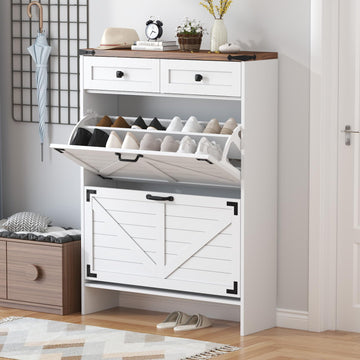 Shoe Cabinet with 2 Flip Drawers, Hidden Shoe Storage Cabinet with 2 Pull-Out Drawers, Farmhouse Shoe Organizer