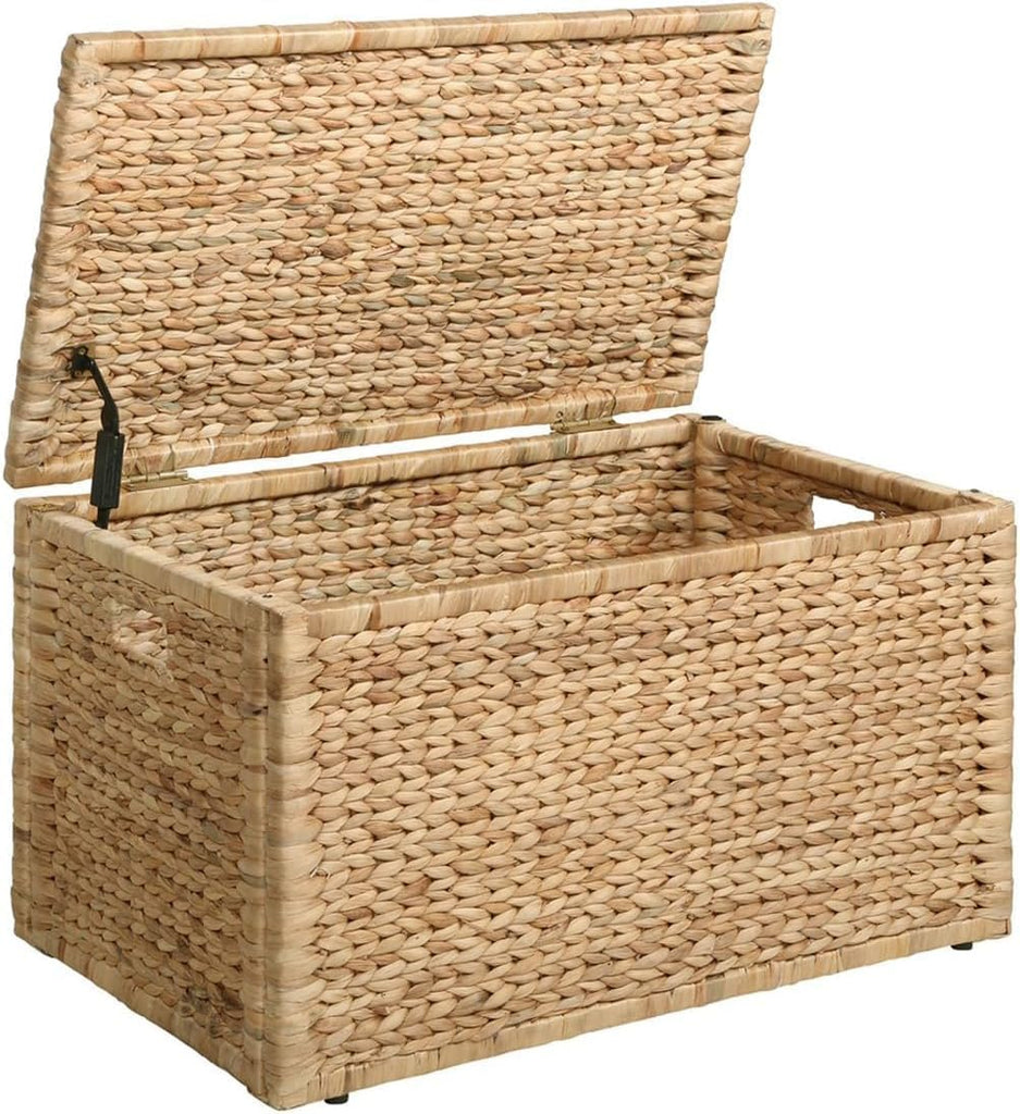 Water Hyacinth Wicker Storage Trunk, Natural, 30x17.5x17.5 Inches | Safety Hinge, Metal Frame, Decorative Blanket