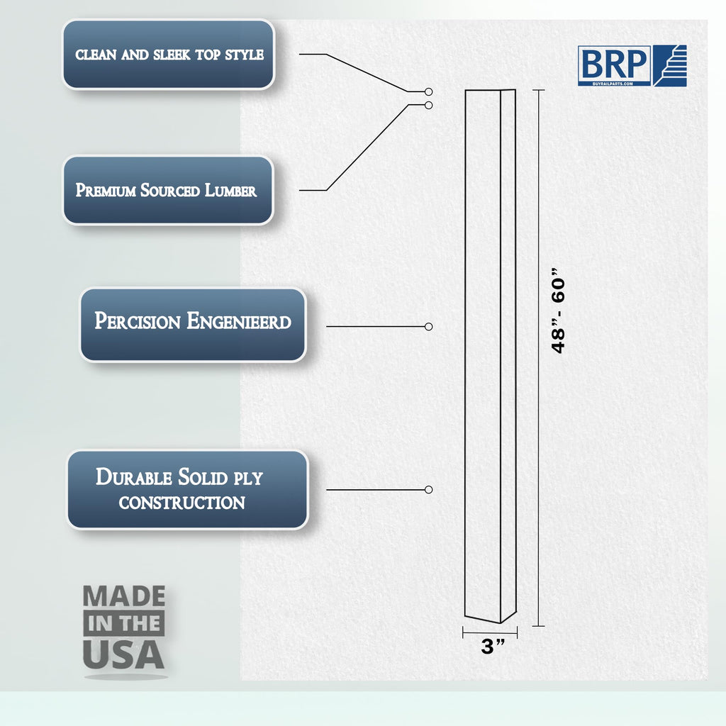 4001 White Oak Blank Newel Post - 3" x 60" Solid Hardwood Square Stair Newel Post - Simple Modern Design