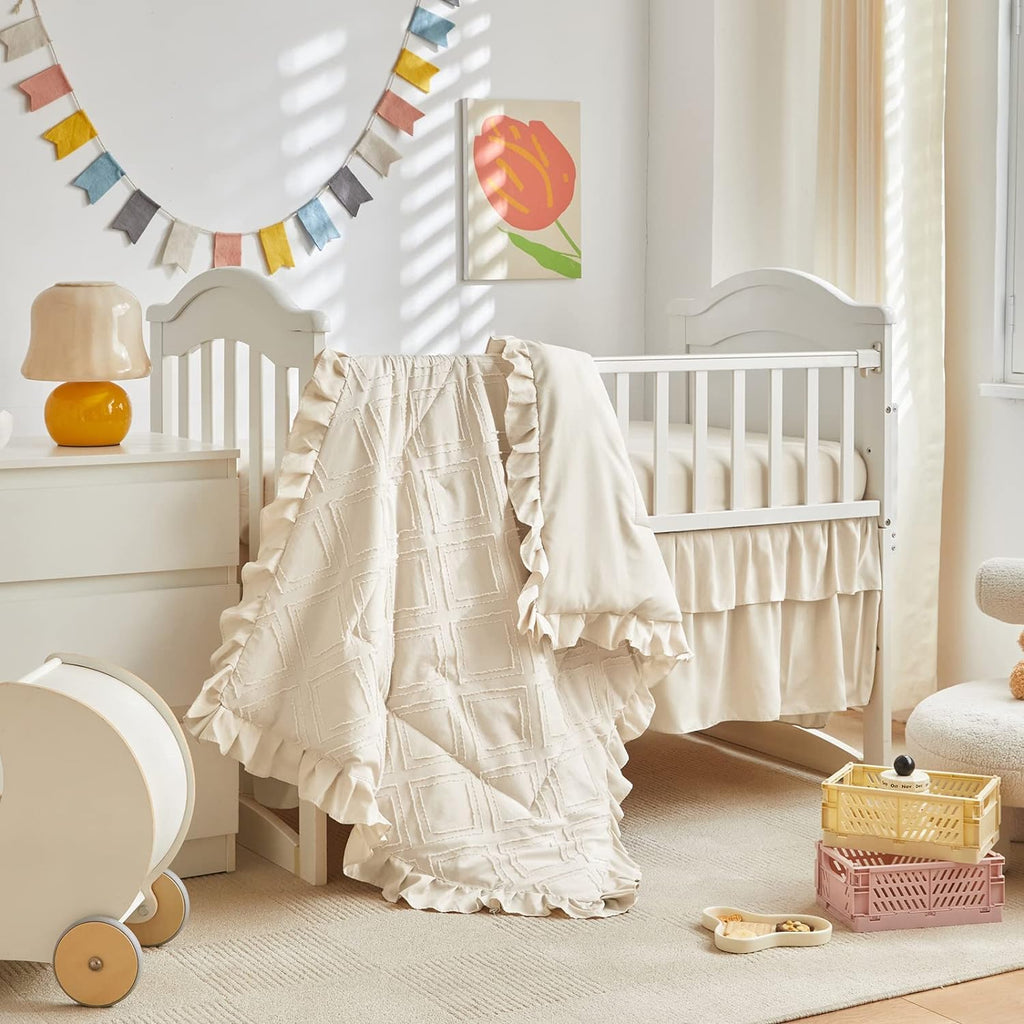 Mini Crib Bedding Set 3 Pieces Baby Boho Quilted Tufted Ruffles Comforter with Fitted Sheet and Ruffled Bed Skirt