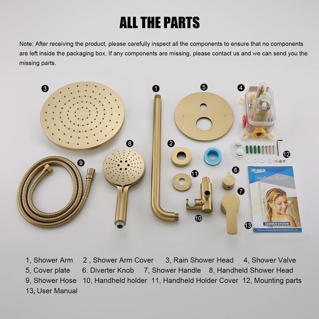 Brushed Gold Shower Head with Handheld,Rain Shower System Faucet Set