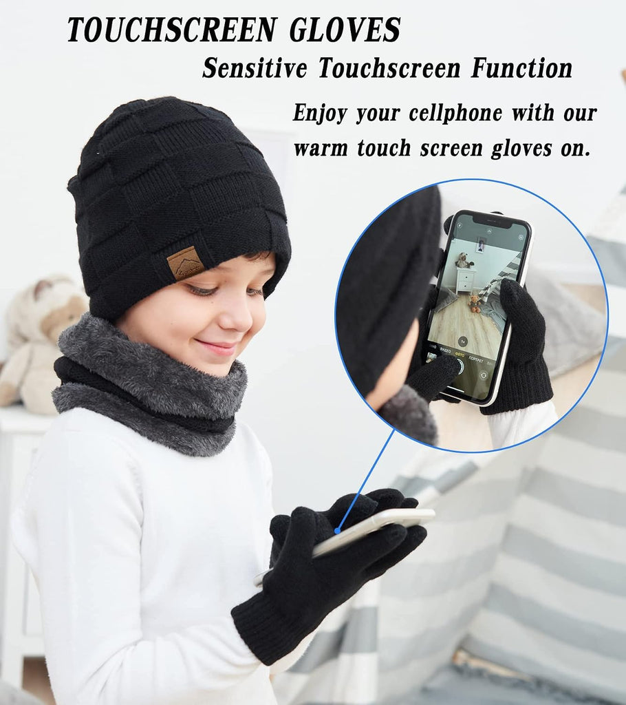 Kids Winter Beanie Hat Scarf Touchscreen Gloves Set for Boys Girls Warm Skull Cap Fleece Lined Knitted Hat