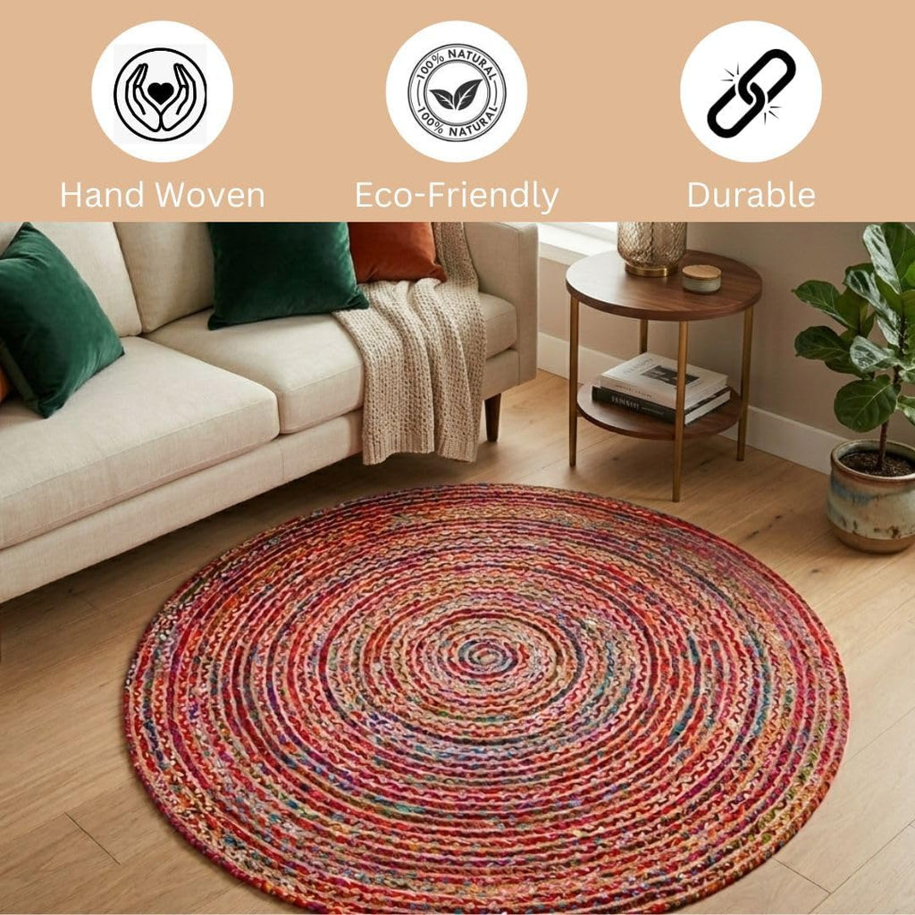 WeWove Hand Woven Area Rug 6 Feet Round - Jute Cotton Area Rug Rustic Farmhouse Boho Accent Rug