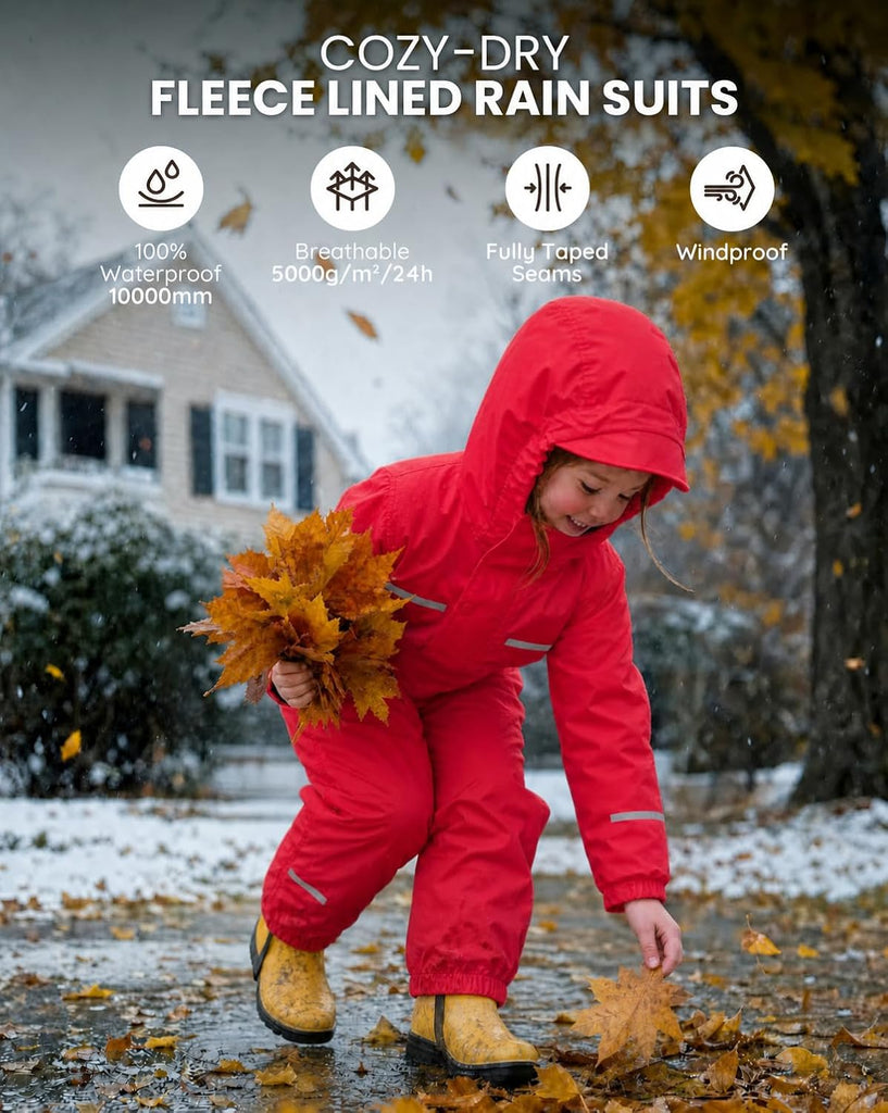 Kids Fleece Lined Rain Suit - One Piece Muddy Buddy for Toddler Boys Girls, Full Body Raincoat for Autumn