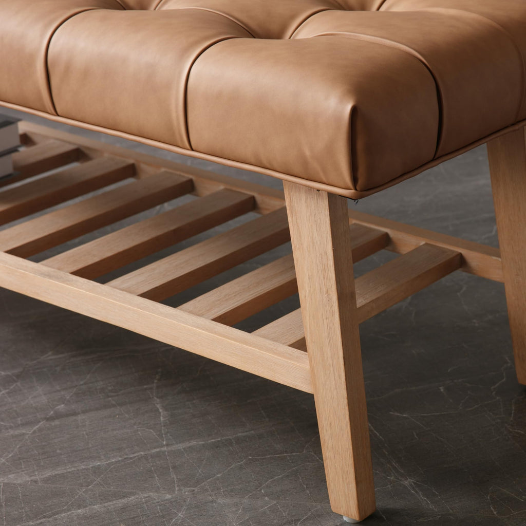 Entryway Shoe Bench Storage Benches with Upholstered Button Tufted Seat and Open Slatted Shelf PU Leather Ottoman