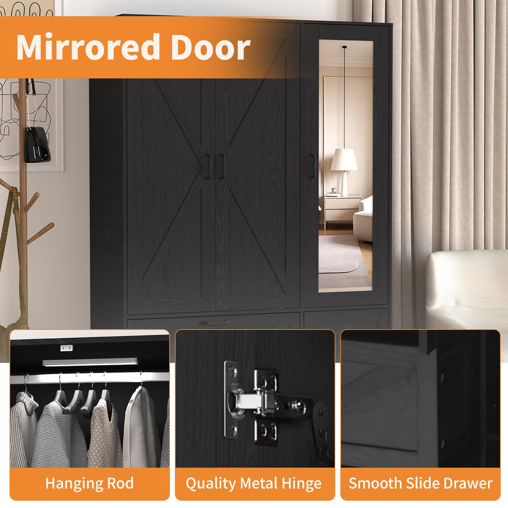 72" Armoire Wardrobe Closet with Mirror Door and LED Lights, 3 Doors Farmhouse Bedroom Armoire with Drawers and