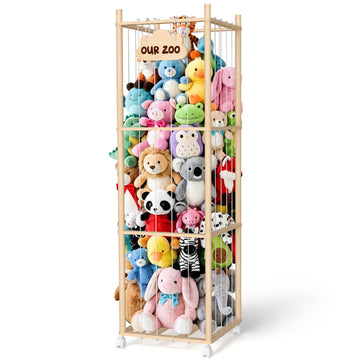 Stuffed Animal Storage, Wooden Plush Toy Organizer with Wheels
